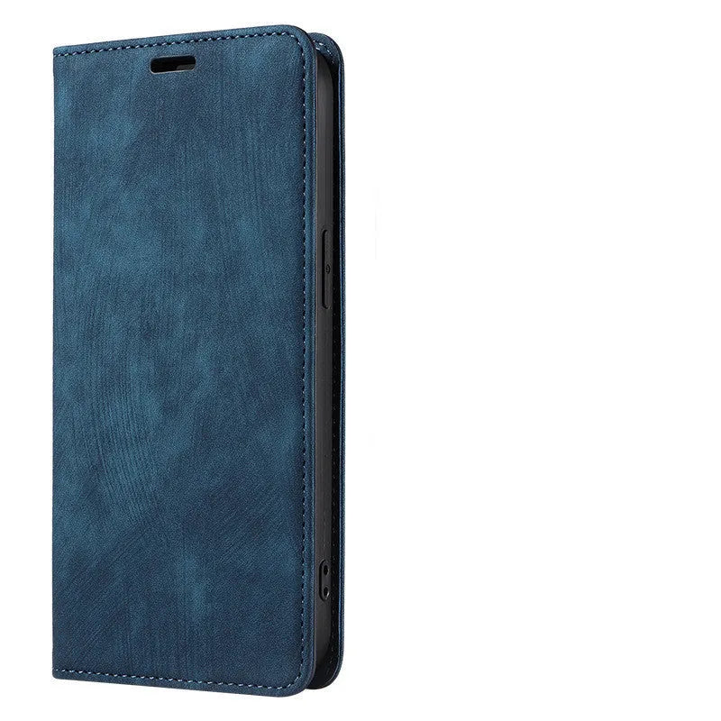 Magnetic flip phone case in genuine leather and TPU for iPhone models with front cover closed