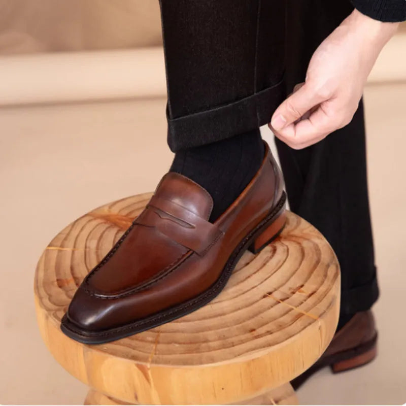 Men's genuine leather slip-on casual shoes in brown with top-grain cowhide upper and rubber sole