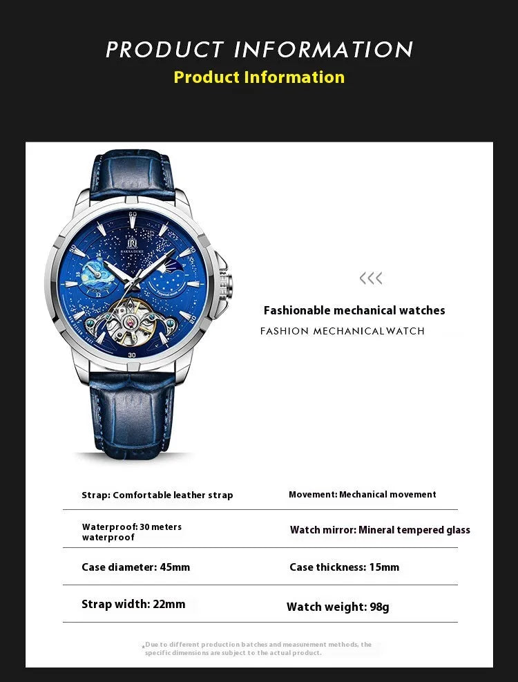 Blue dial men's automatic mechanical watch with a substantial 14mm thick case on a wrist.