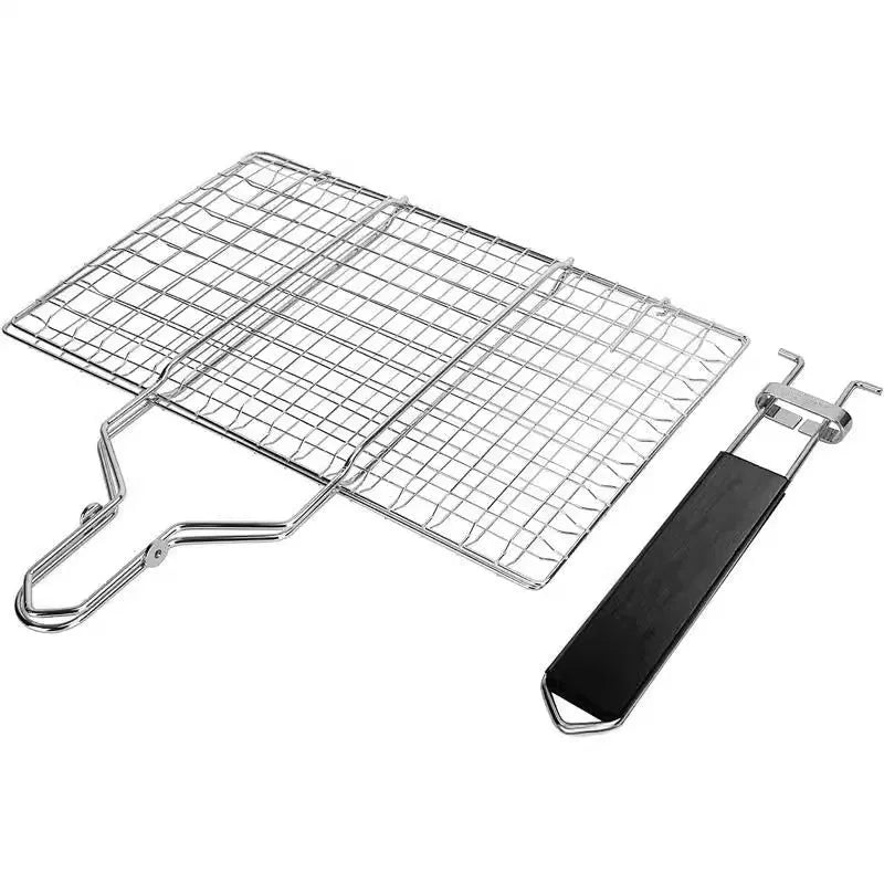 Square folding stainless steel barbecue grill mesh basket with a cleaning brush.