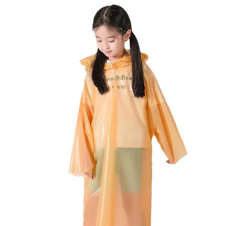 Disposable children's rain poncho folded to 13x9cm size in sealed bag packaging with colour options display