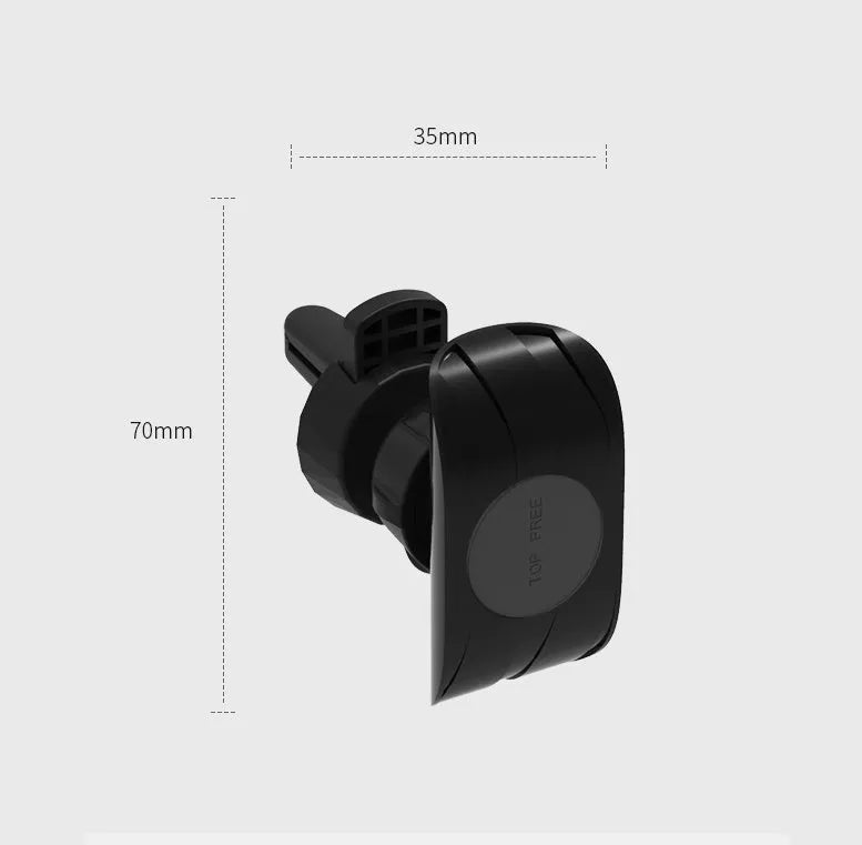 Black car phone holder attached to a car air vent, clamping a smartphone.
