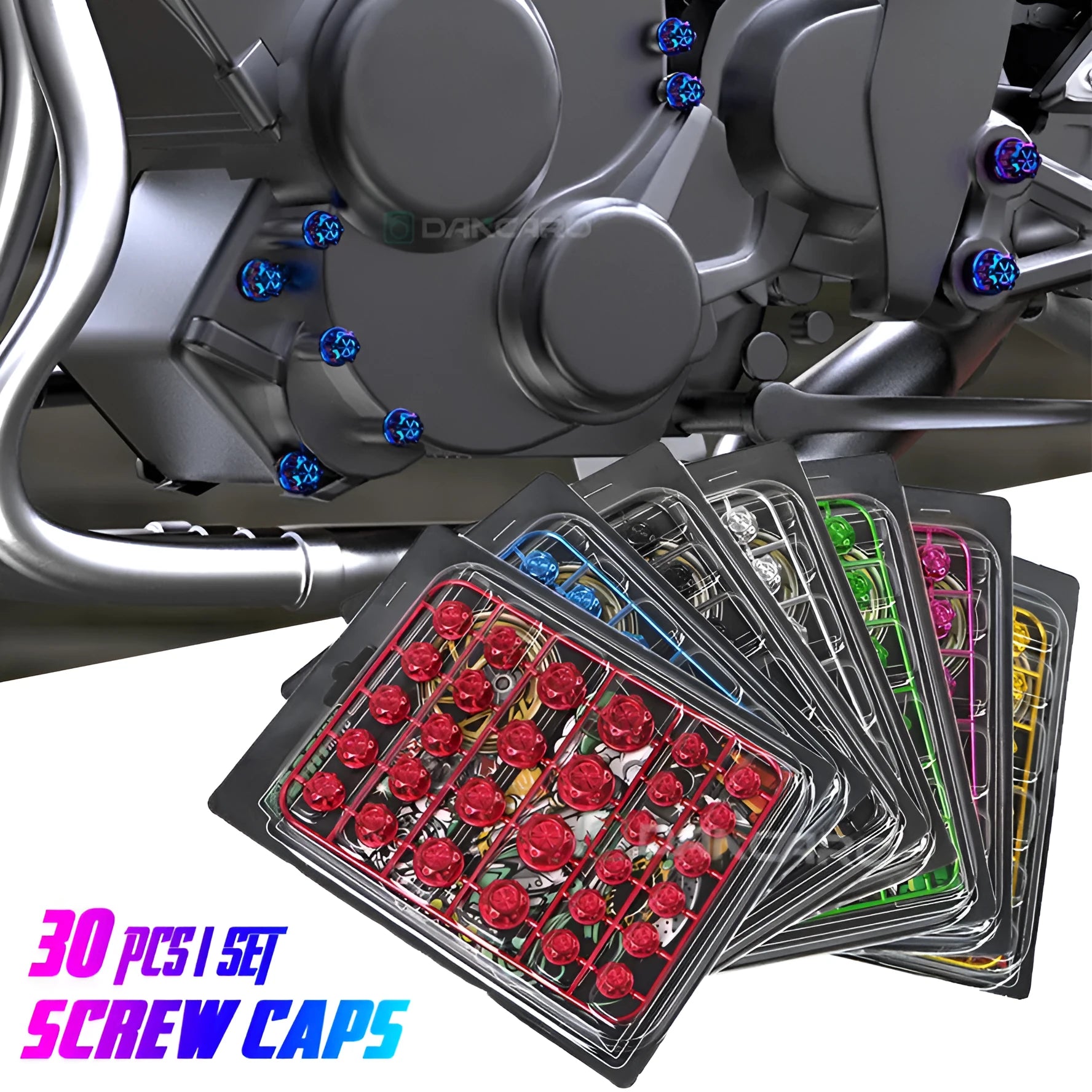 Set of 30 coloured motorcycle engine screw caps in black, red, gold, blue, silver, green, orange, and purple.