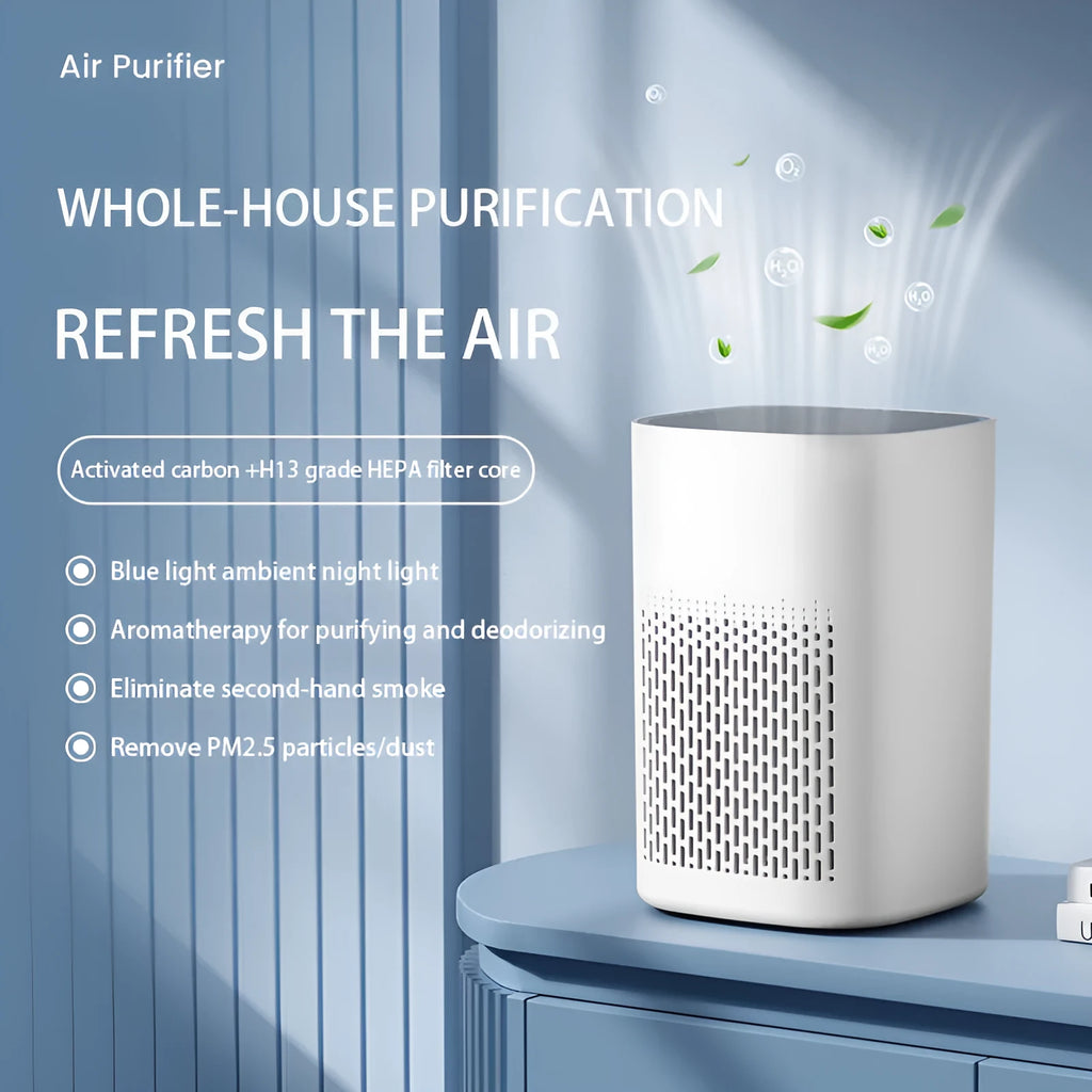 Simple style desktop air purifier unit with USB cable for small room and office use.