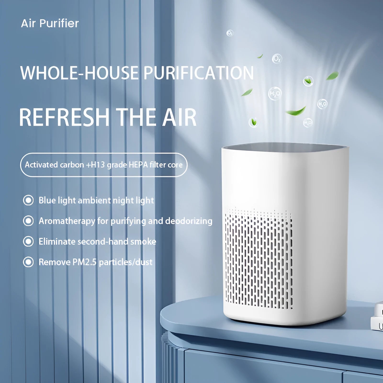 Simple style desktop air purifier unit with USB cable for small room and office use.