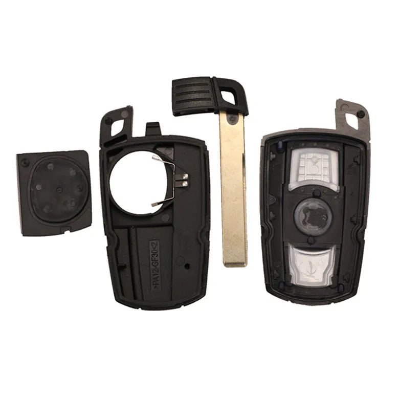 BMW CAS3 semi-intelligent three-button remote car key fob in metal and plastic.