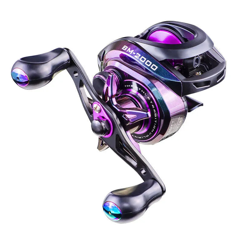 BM2000 model fishing reel with a water drop-shaped spool and magnetic brake system.