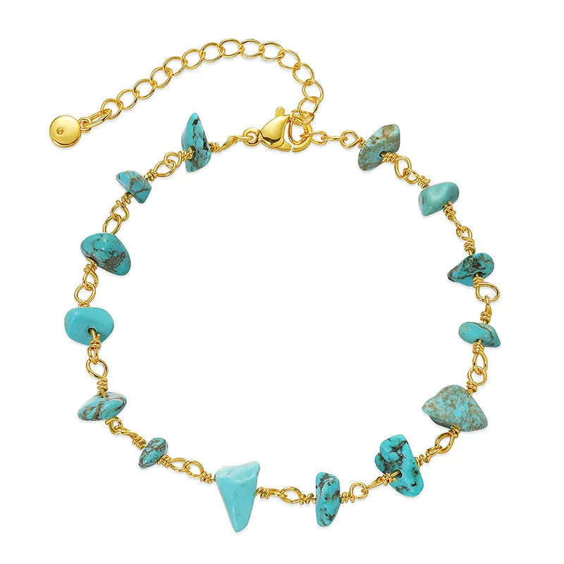 18K copper geometric women's bracelet with irregular turquoise stones and crystals in multiple colours.
