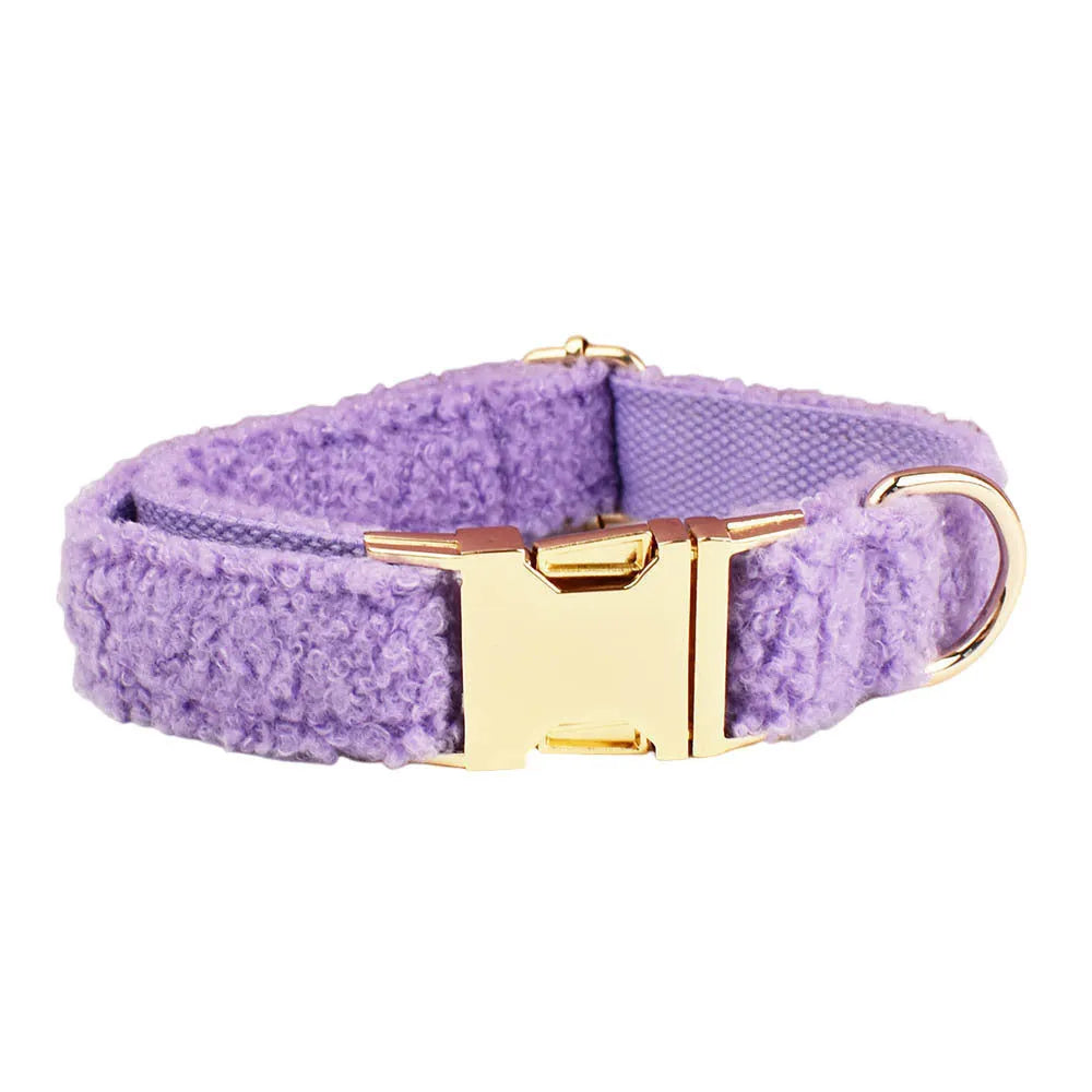Purple cloth dog collar, leash, bow and vest set for small breed coordination