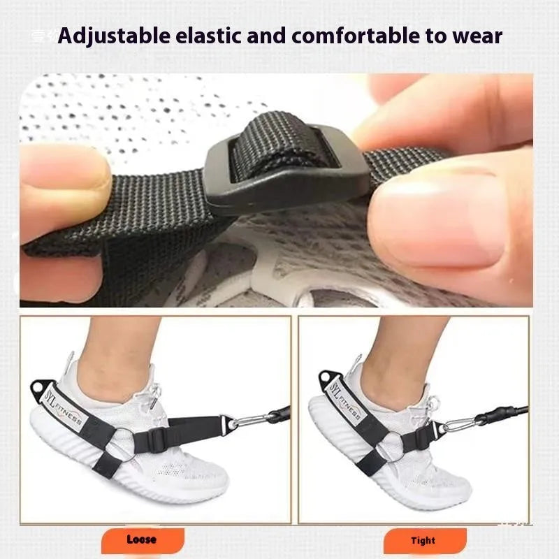 Ankle strength strap booties with suspender buckles and foot lanyard in black, grey, or pink colours