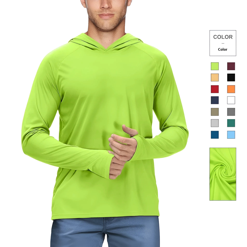 Man wearing a slim-fit hooded sun protection top in Army Green for outdoor fishing or cycling.