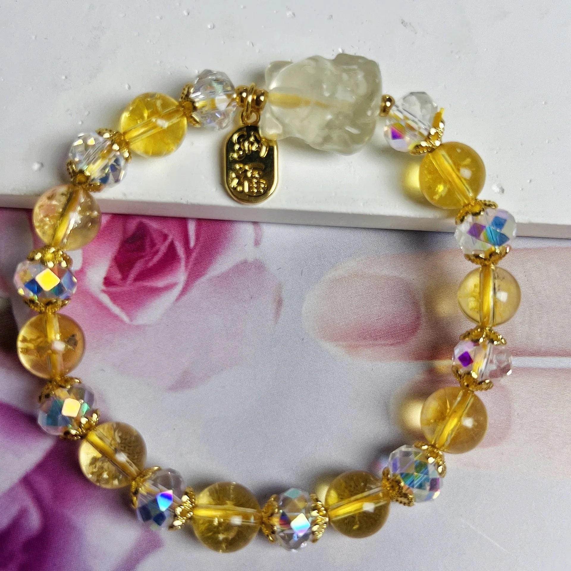 Original design natural citrine bracelet with detailed silver nine-tail fox charm for women
