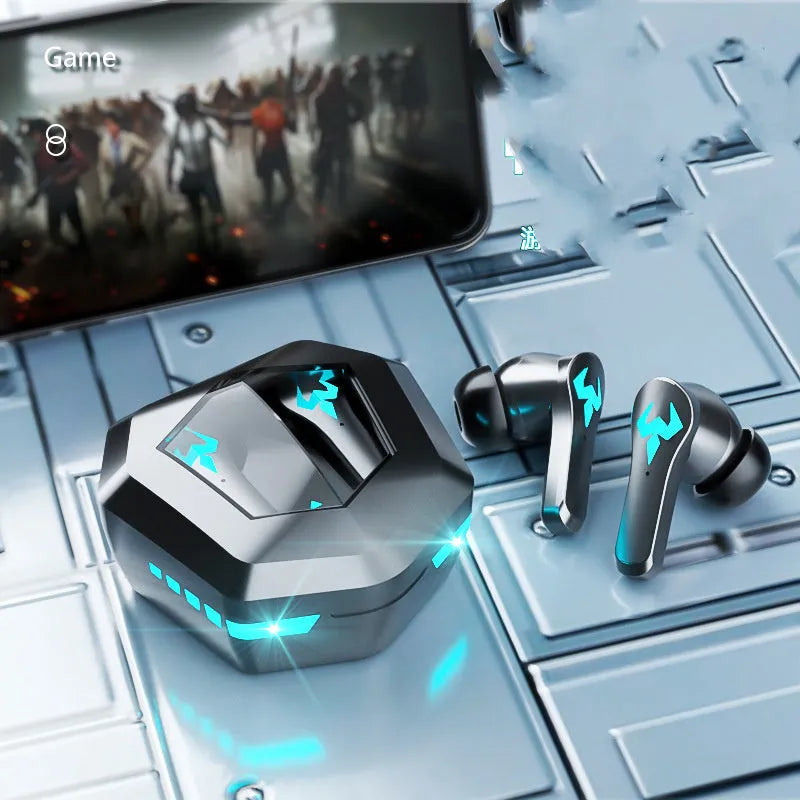 Black wireless Bluetooth gaming headset with in-ear design and microphone