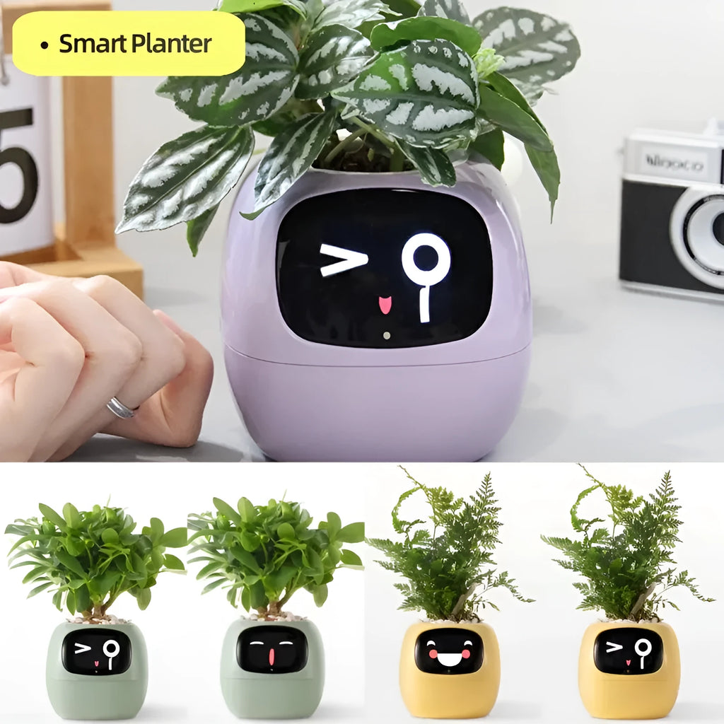 Smart planter with 7 sensors and AI chips, over 49 expressions, water level monitor, small indoor pot 114x100x96mm in pink