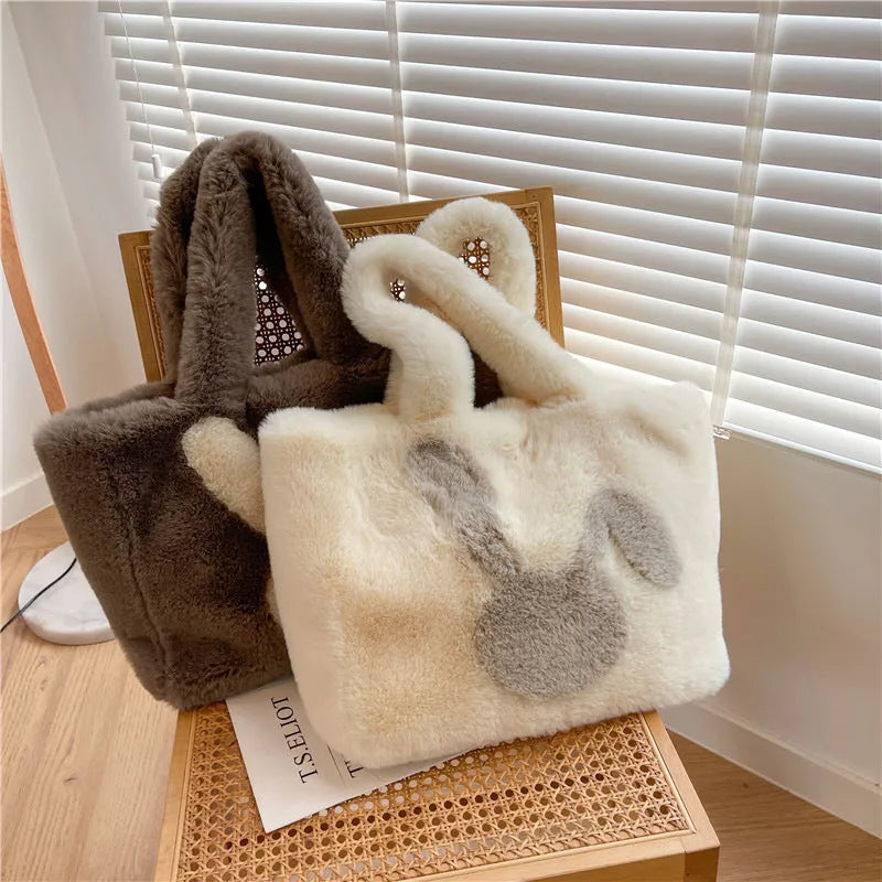 Cartoon rabbit ears plush shoulder bag in solid colour with large shopping capacity