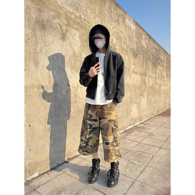 Men's camouflage colour ripped cropped jeans with retro patches in straight leg loose fit casual style