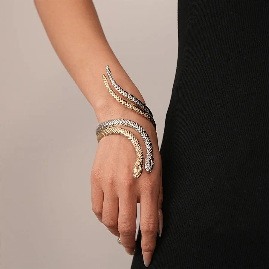 Gold and silver snake-inspired ring and bracelet set with twisted winding design