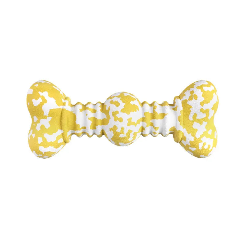 Natural rubber bone-shaped dog chew toy in a camouflage pattern for large breed aggressive chewers.