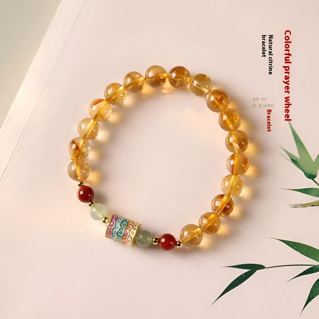 Yellow citrine prayer wheel bracelet with 8mm round beads in retro style