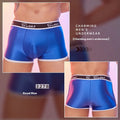 Men's shiny silky nylon boxer shorts in black, sapphire blue, and white colours on a grey background.