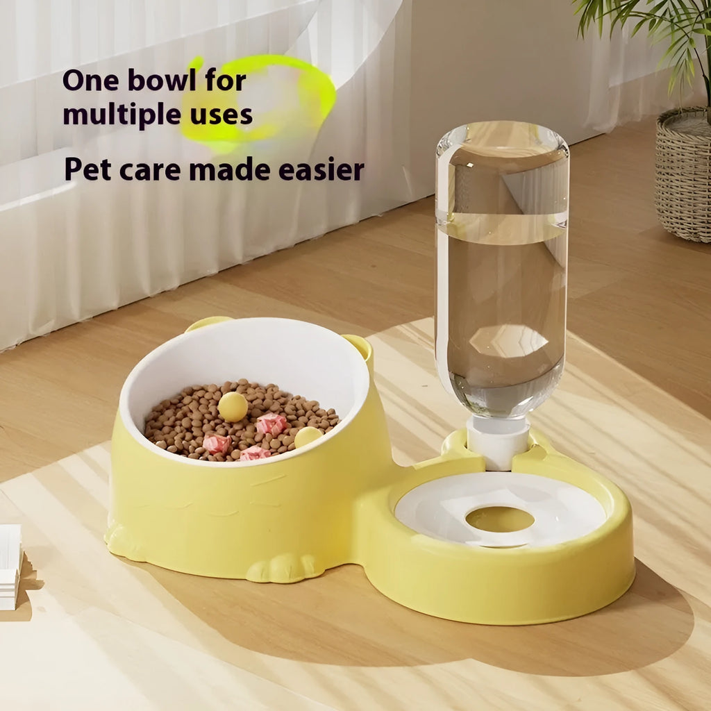 Grass green automatic cat fountain with two bowls for food and water.
