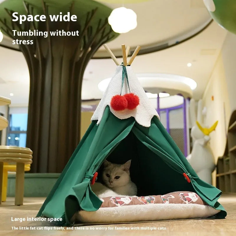 Semi-closed cat house bed with thickened cloth construction in brown and white mat options