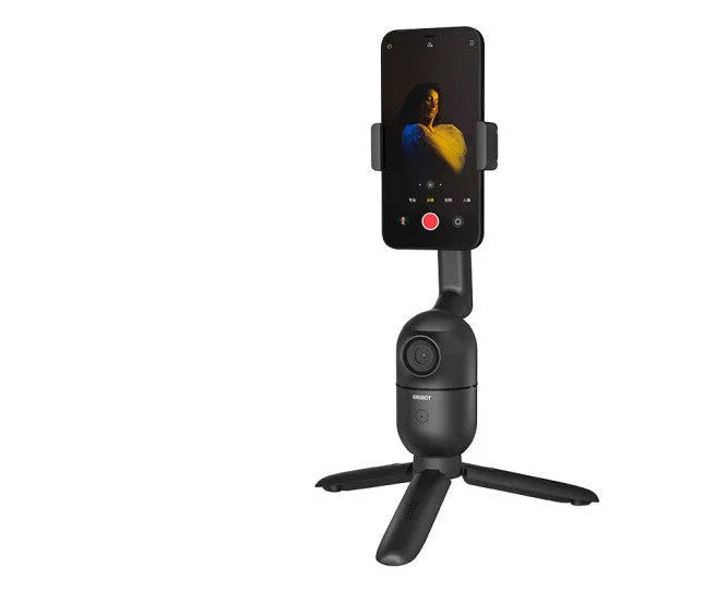 Black mobile phone bracket with face-following and PTZ tripod, shown folded and unfolded.