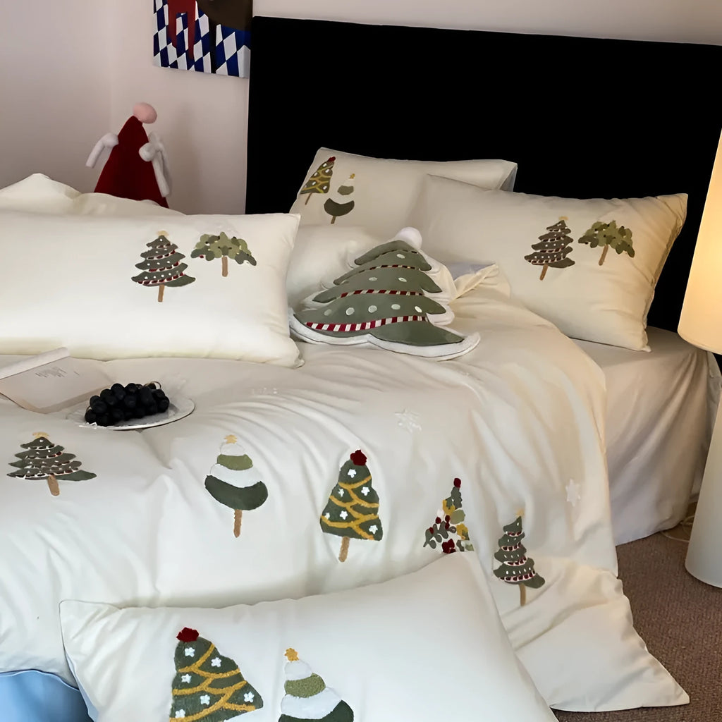 Christmas tree towel embroidery pure cotton bed linen four-piece set with plants and flowers pattern