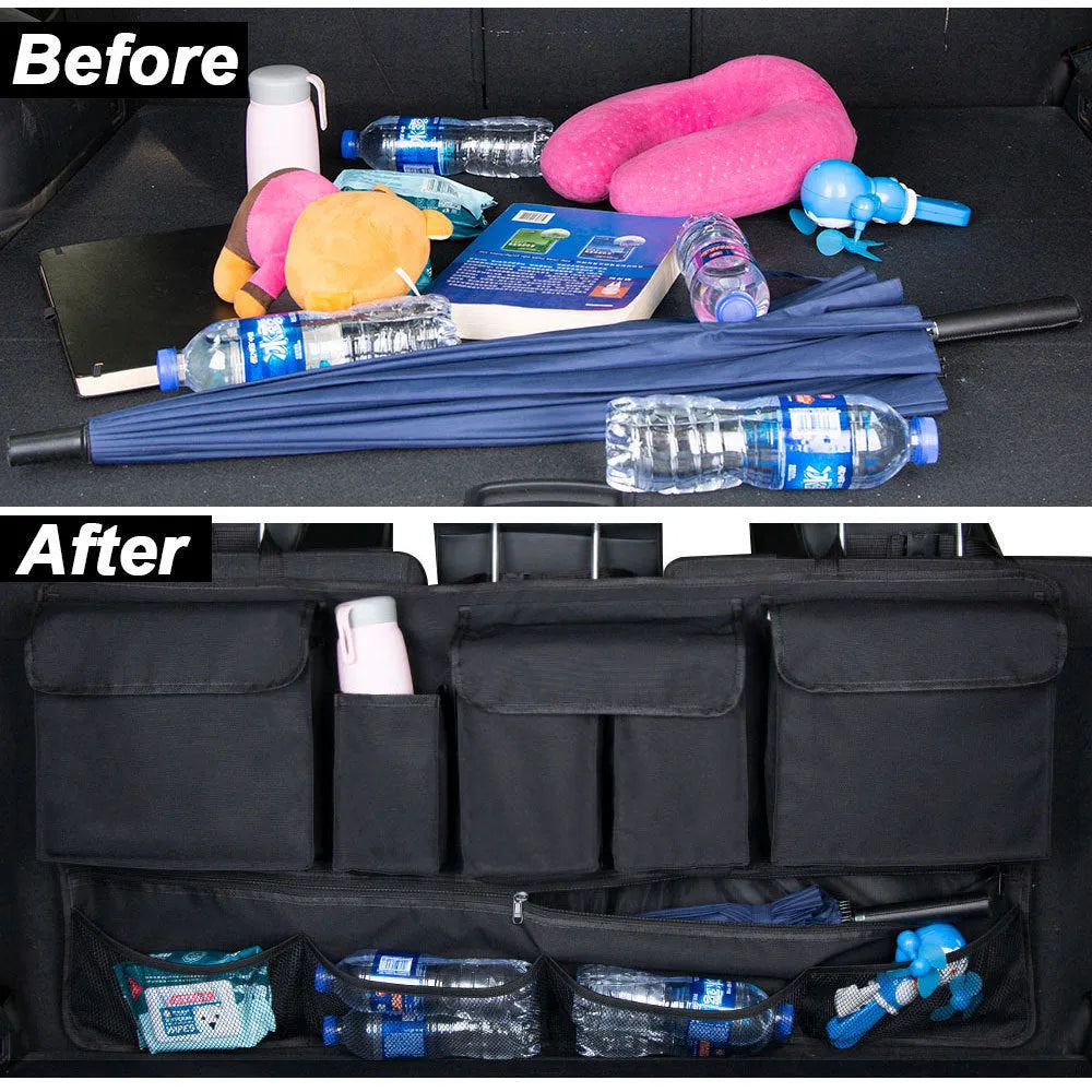 Black car boot hanging storage organiser made of Oxford cloth with a handle, shown hanging.