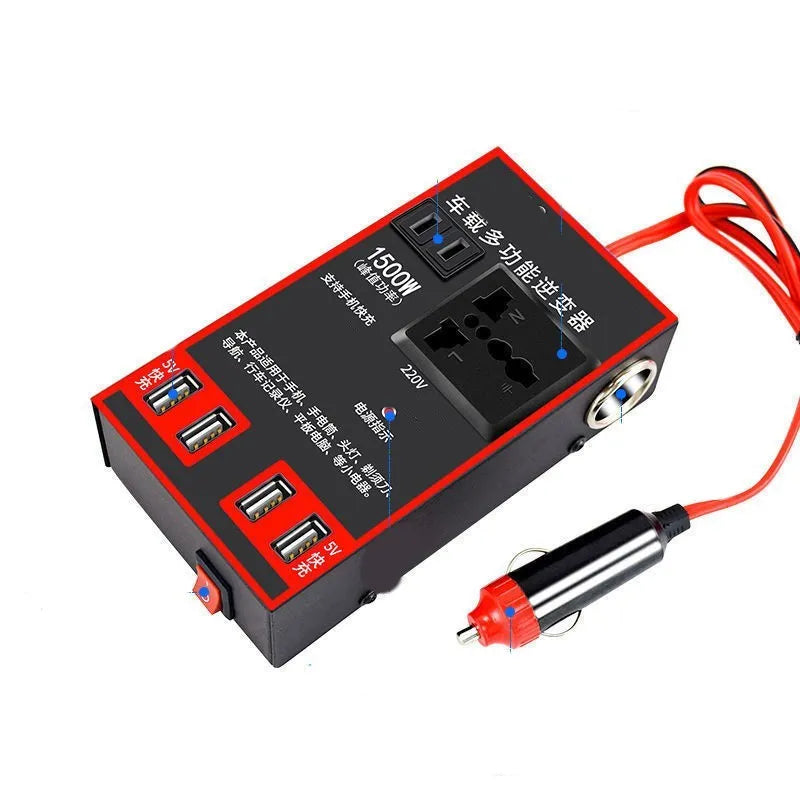 Black automotive power converter for 12V/24V to 220V transformation with USB charging ports