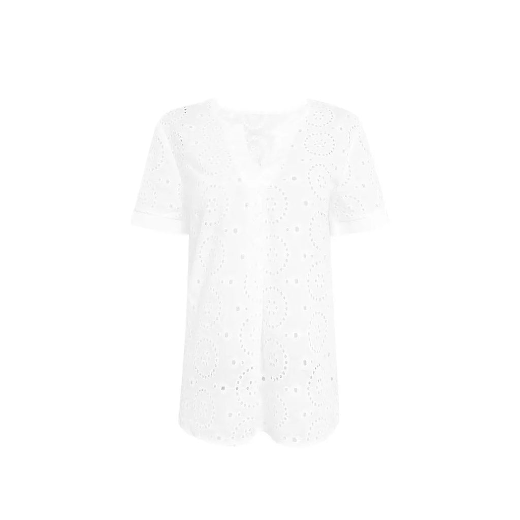 White women's V-neck T-shirt with hollow French elegant design and short sleeves