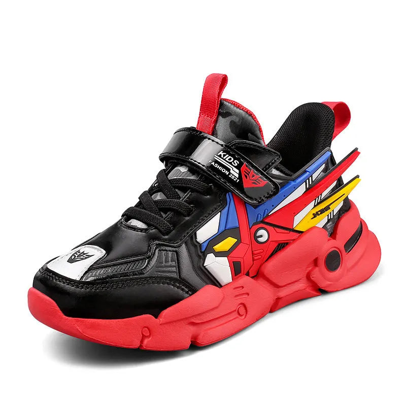Boys yellow artificial leather sneakers with Velcro strap and cartoon pattern, on a rubber sole.