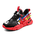 Boys yellow artificial leather sneakers with Velcro strap and cartoon pattern, on a rubber sole.