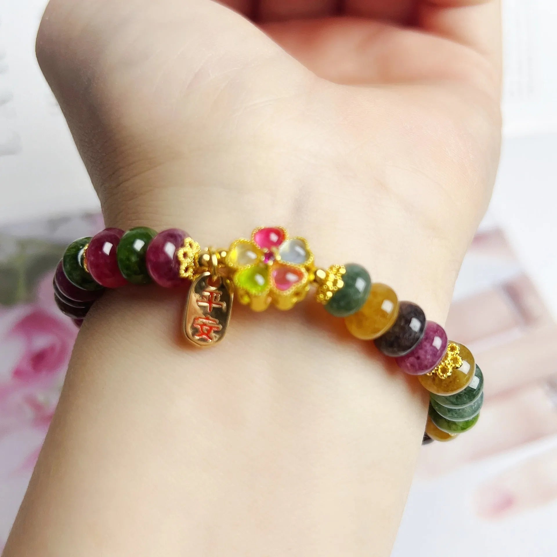 Colourful tourmaline abacus bead bracelet for women with artificial crystal beads and original design