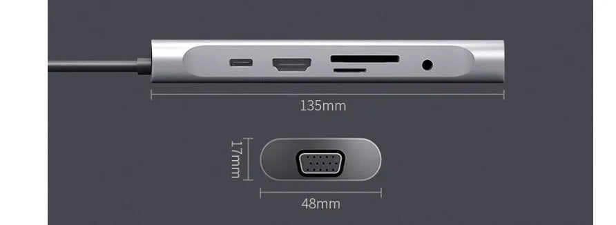 Grey aluminium USB-C docking station with HDMI, VGA, USB 3.0, and PD charging ports.