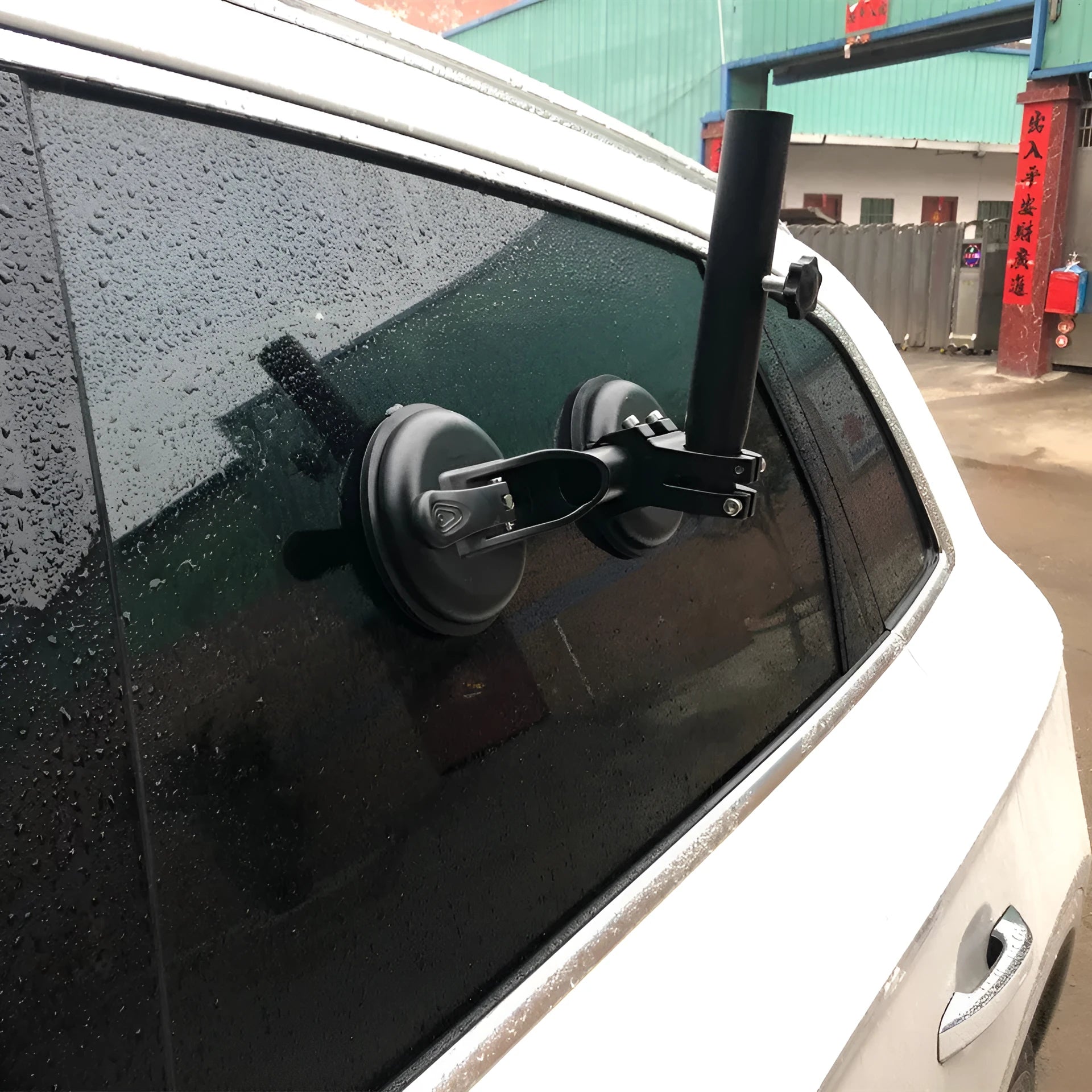 Black car flagpole glass sucker base with round rubber suction cup and ABS construction
