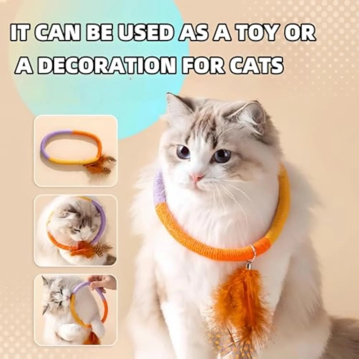 Green cotton rope circular cat toy with feathers attached for interactive play
