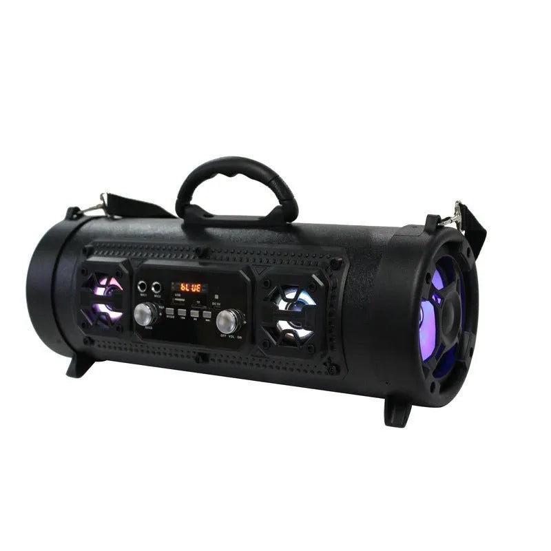 High-power portable wireless Bluetooth speaker with ABS casing, USB port, and controls; available in black.