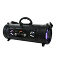 High-power portable wireless Bluetooth speaker with ABS casing, USB port, and controls; available in black.