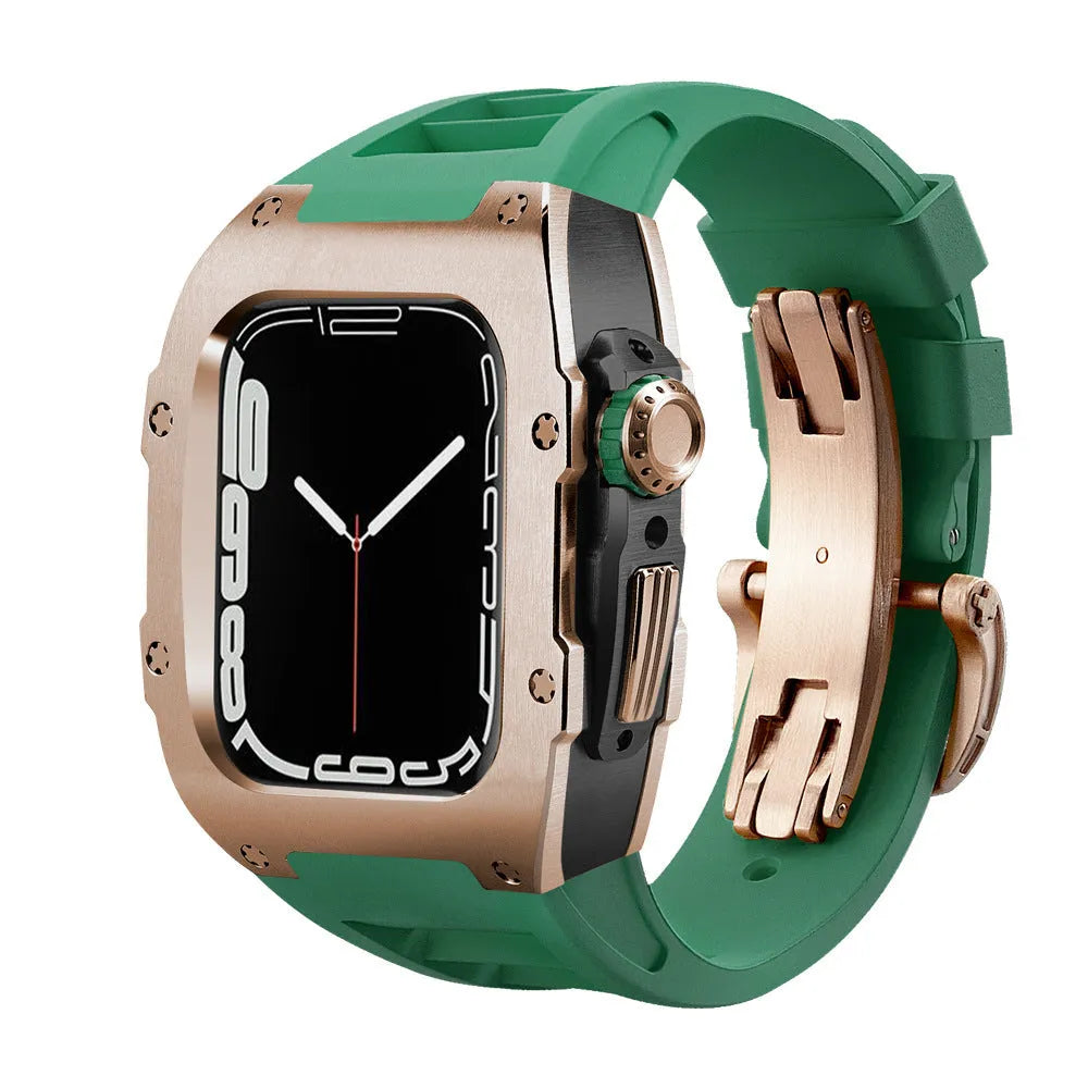 Stainless steel protective case strap with black fluororubber band and rose gold frame for Apple Watch 44mm