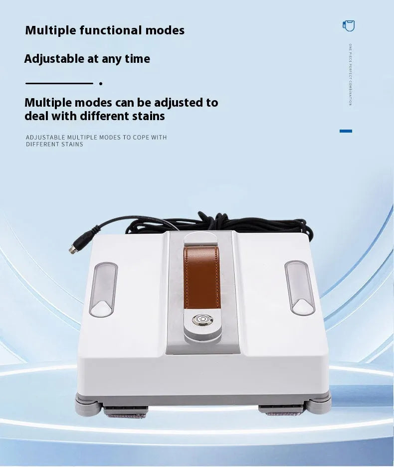 White intelligent window cleaning robot for high-rise windows with voice and app control.
