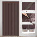 Full-seam long magnetic strip cloth door curtain in vertical stripe pattern, shown in coffee colour.