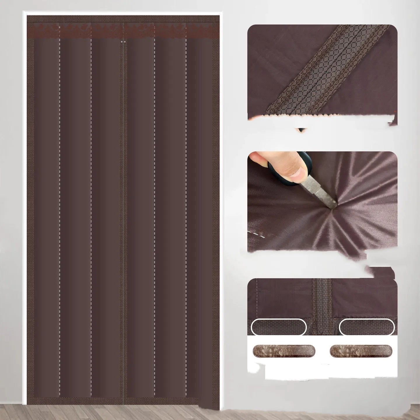 Full-seam long magnetic strip cloth door curtain in vertical stripe pattern, shown in coffee colour.