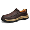 Men's black outdoor leather shoes with thick rubber sole and round toe design