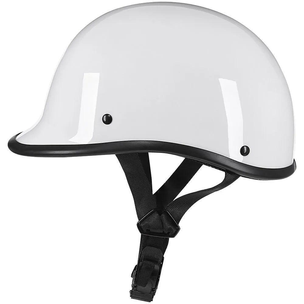 Retro hand-curved motorcycle helmet in ABS construction showing colour options including matte black, bright black, white, cement grey and carbon fibre