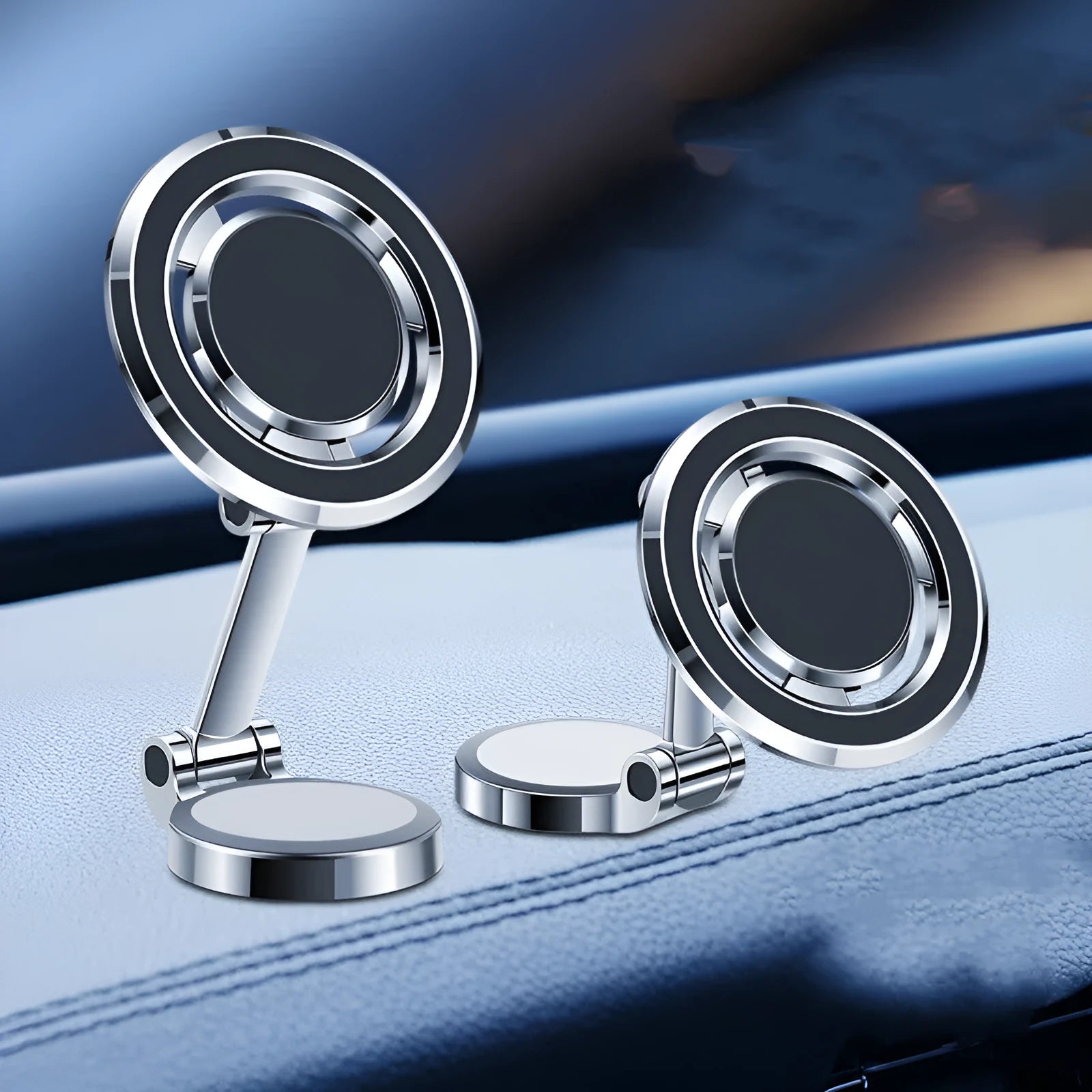 Car dashboard mobile phone holder with adhesive magnetic fixation and 360-degree rotation bracket