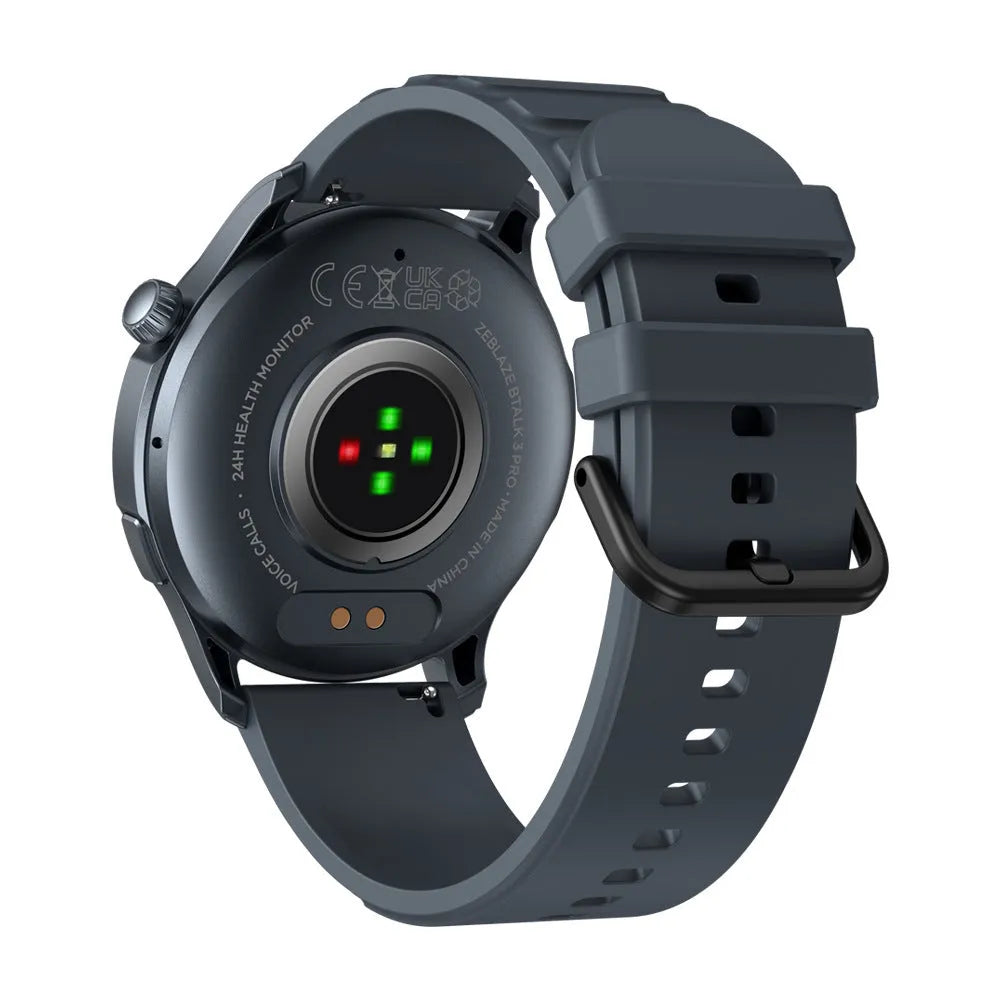 Btalk 3 Pro smart watch in blue showing AMOLED display with Bluetooth calling and health tracking functions