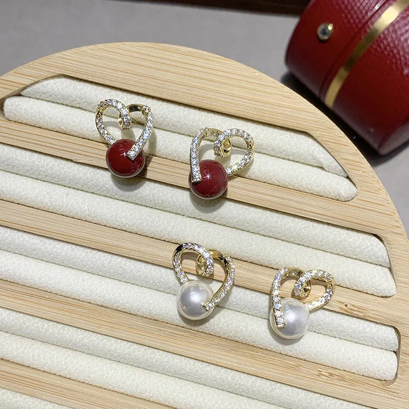 French retro pearl zircon clip-on earrings, crystal flower drop design in gold finish on copper alloy base