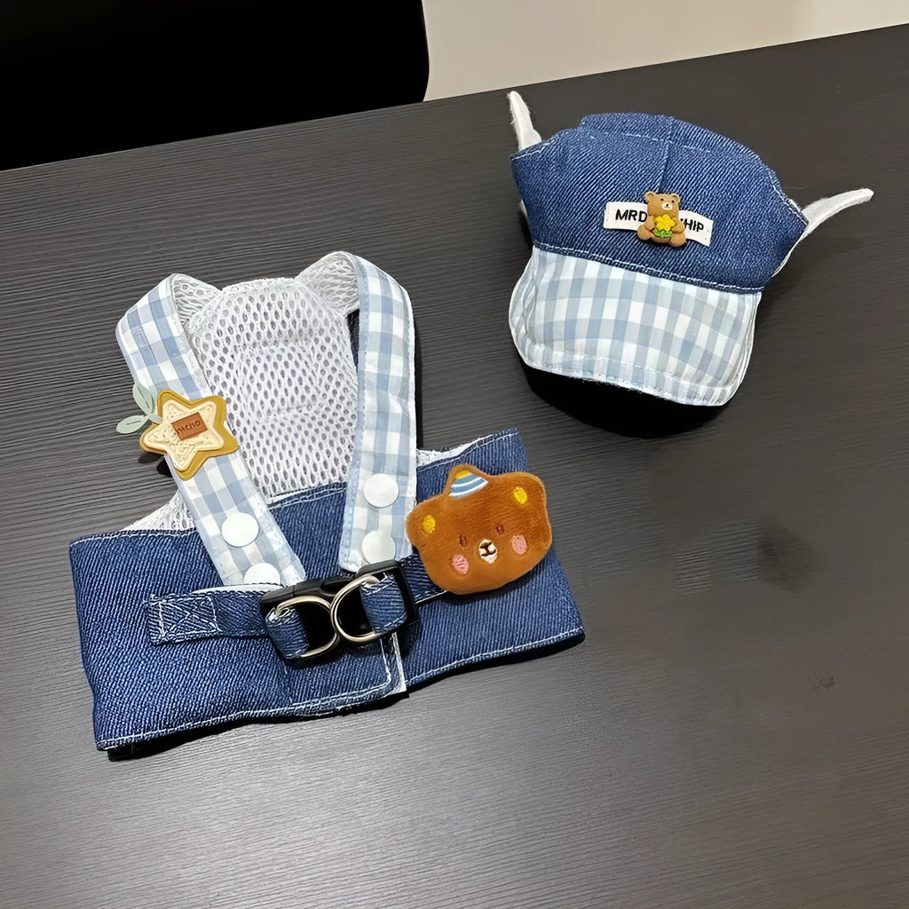 Trendy cow pet chest-back harness with hand-holding rope in British style on a dog, sizes XS to XL