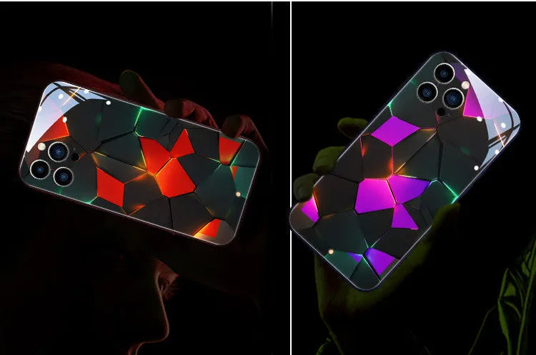 Tempered glass mobile phone case for iPhone with illuminated incoming light notification feature.